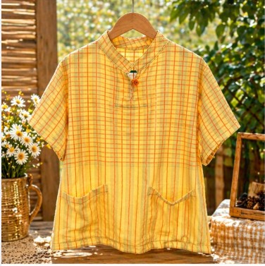messageImage_1776844503818_0 เสื้อคอจีน(สีเหลืองลายตาราง)
